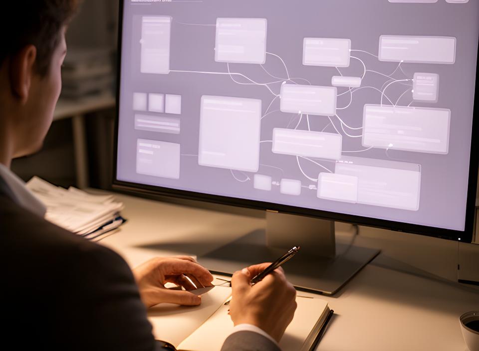 Analyst comparing categorized expenses on a large monitor beside a notebook in a quiet office