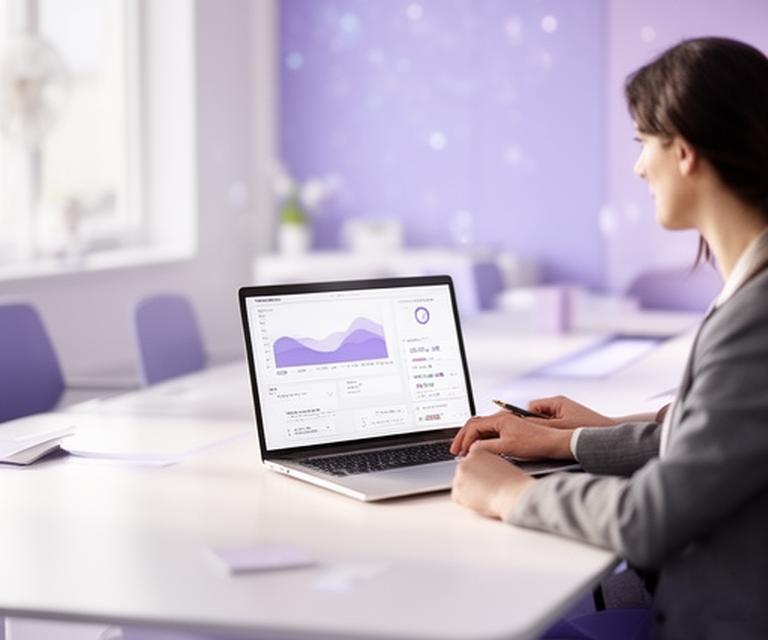 Two finance managers reviewing expense dashboards on a laptop in a bright office meeting room