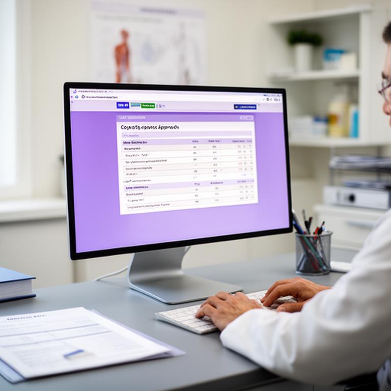 Healthcare administrator reviewing expense approvals on a desktop screen in a quiet clinic office with a medical chart nearby