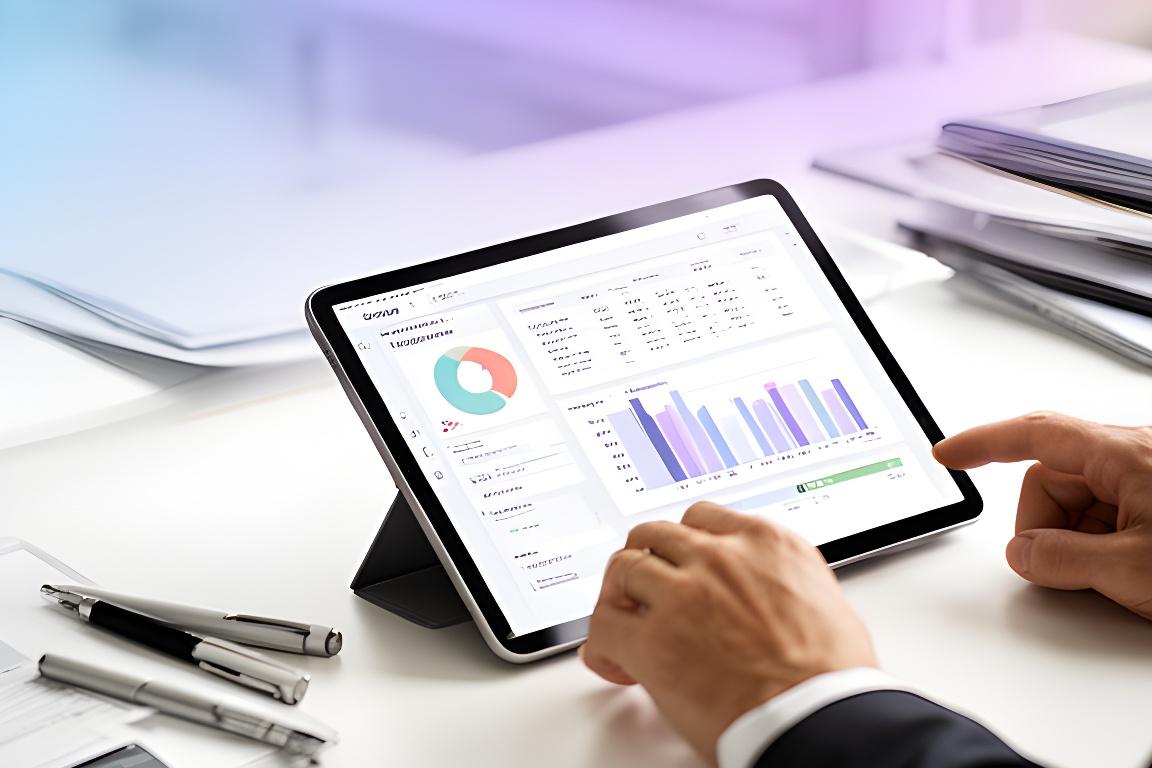 Consultant reviewing an expense dashboard on a tablet at a bright desk with client notes and budget charts