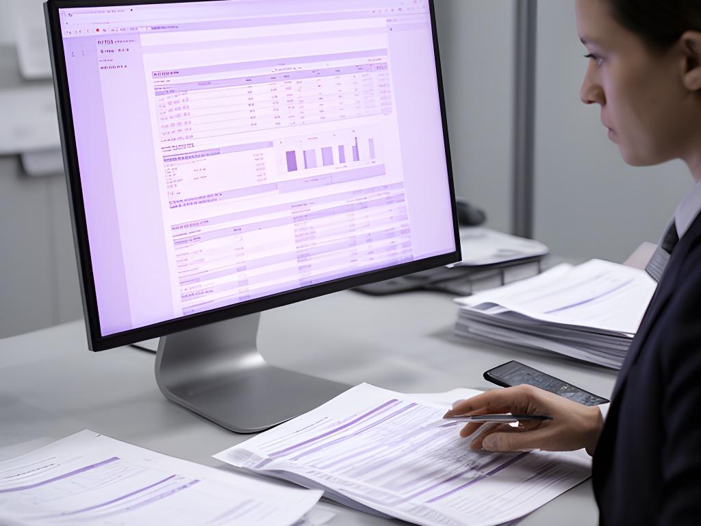 Legal finance specialist reviewing trust accounting reports beside a desktop monitor with reconciliation tables