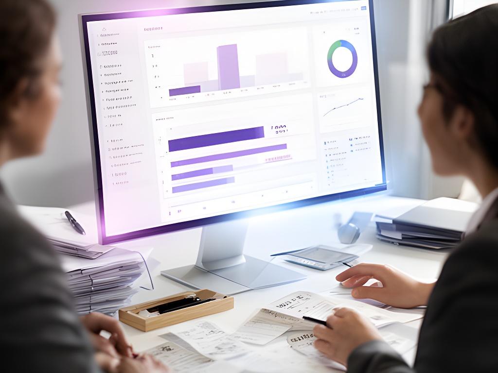 Finance team reviewing AI expense dashboards on a bright office monitor with receipt data and budget charts