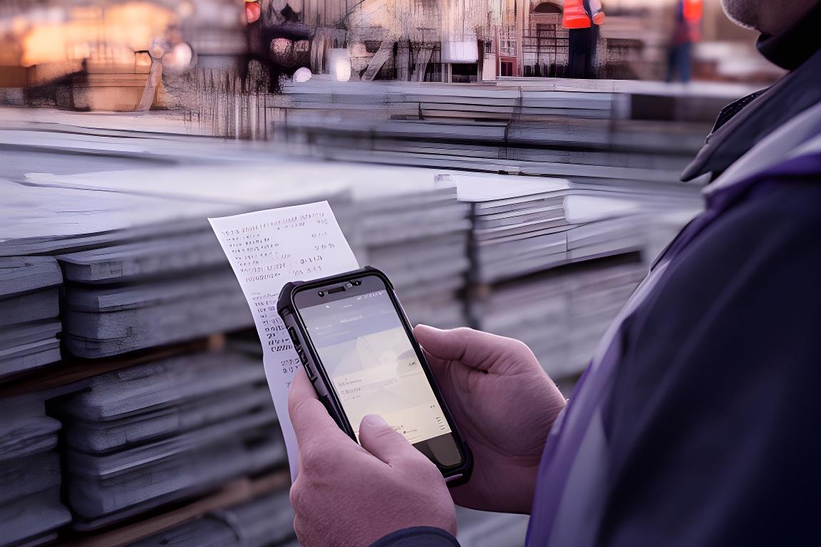 Field supervisor capturing a receipt on a rugged phone beside stacked materials at a construction job site